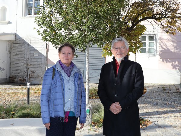 Karin und Gerhard Rührlinger vor „ihrem“ Klimabaum am Hohen Markt.